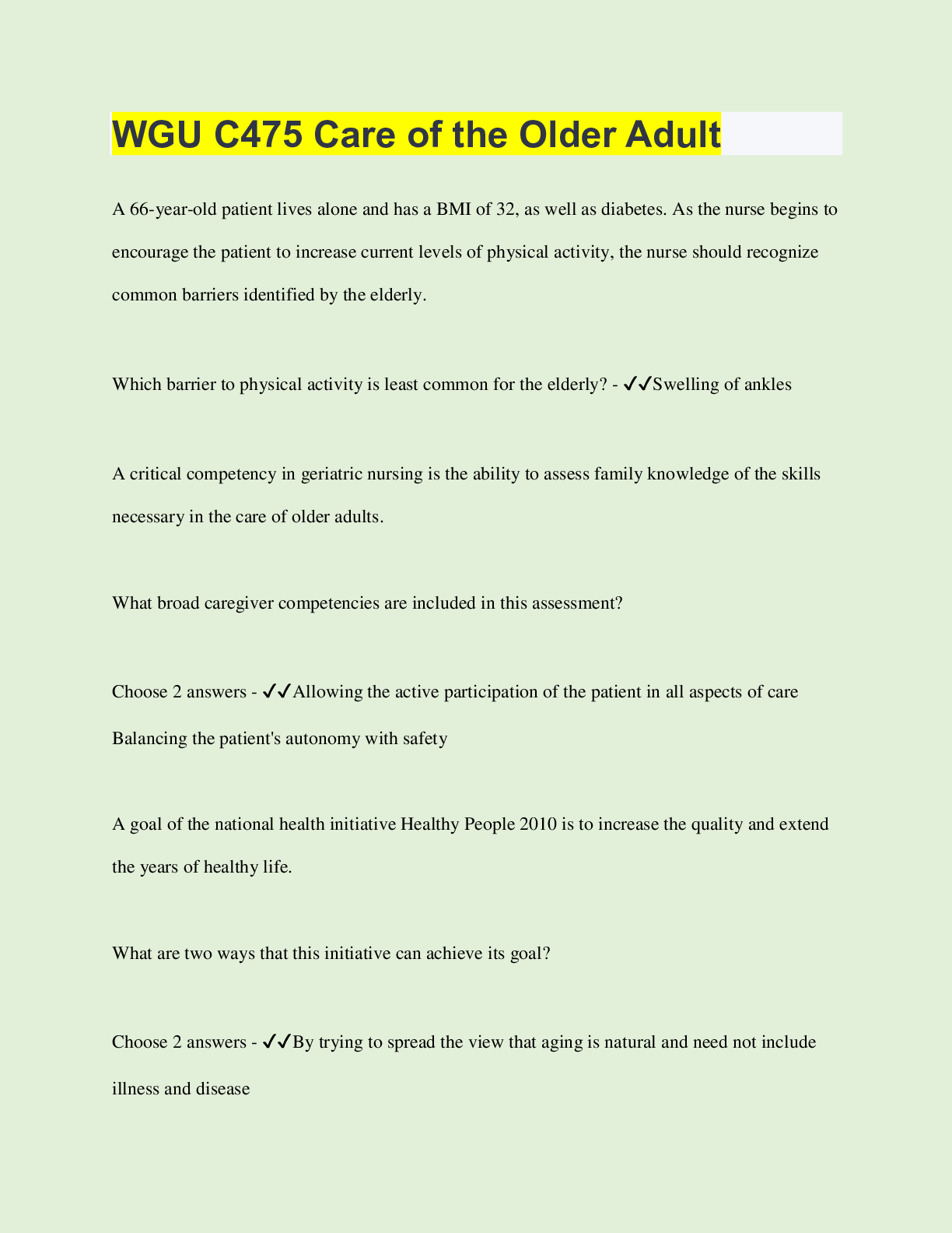 Preview image for WGU C475 Care of the Older Adult | 70 Questions with 100% Correct Answers | Verified | Latest Update